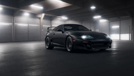 front side photo of matte black mk4Supra in a foggy garage, high quality photo, lens flare, bokeh, 8k resolution, gobo lights, warm ambient light, volumetric light, neon lights, depth of field, analog, foggy atmosphere,  lens flares, light bloom, portra 800 film, <lora:Mk4Supra-000007:.6>, <lora:analogdiffusion_Lora300:.2>