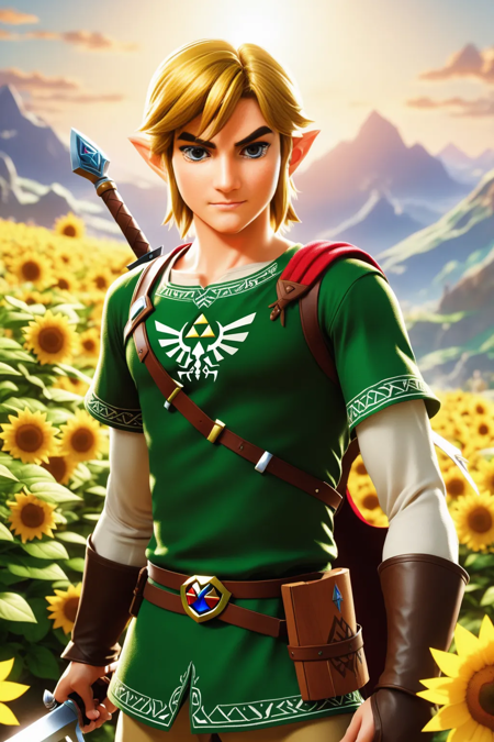 photorealistic, ((link the hero as a real man)) (from the legend of Zelda), well built, flowers, sun, sunlight, dawn. ultra-detailed, 8k ,4k