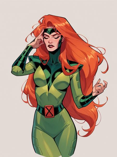 jean grey, 1girl, long hair, orange hair, yellow/green/red/white bodysuit green eyes, floating hair