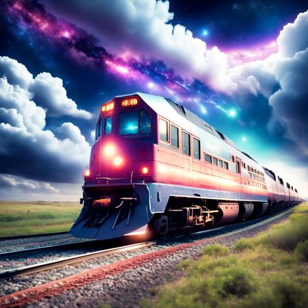 (CosmicTrain style:1) train traveling down train tracks <lora:djzCosmicTrainV21:0.8>