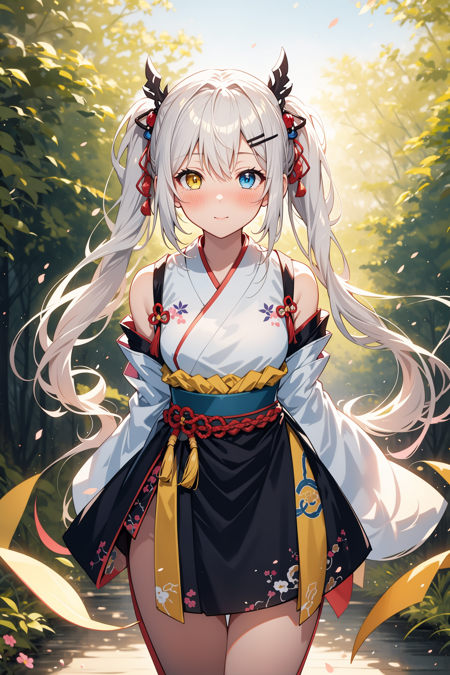 1girl, solo, masterpiece, best quality, (blush:1.3), looking at viewer, high resolution, (illustration:0.8), (nice hands, perfect hands), (perfect anatomy), white hair, very long hair, long twintails, (left blue eyes 1.2), (right yellow eyes:1.2), heterochromia, bangs, small breast, hair clip, thick thighs, (hanfu:1.3), outdoors, japanese background, floating hair, cowboy shot, dynamic poses, standing, ((arms behind back)), from above, light particles,