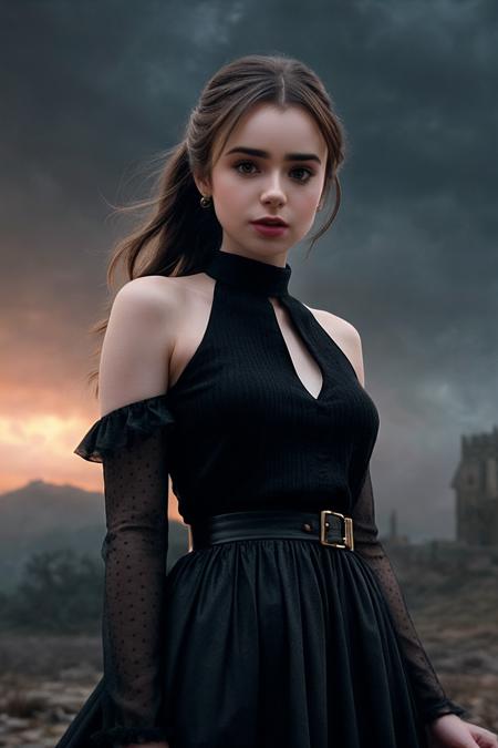 LilyC_SoloTI_v1, PA7_Portrait-MCU,
a beautiful woman, (Rocking a figure-hugging retro dress with polka dot prints and a sweetheart neckline, paired with classic red pumps and a playful hair scarf),
(Sinister castle looming over a desolate landscape, lightning crackling across the sky, the eerie howl of distant wolves, minions scurrying to fulfill her commands, the air thick with the scent of ancient magic and impending doom:1.3), (seductive:1.3),(analog, cinematic, film grain, hazy atmosphere, cinematic shot:1.3), 
 <lora:add_detail:0.6>,<lora:LowRa:0>