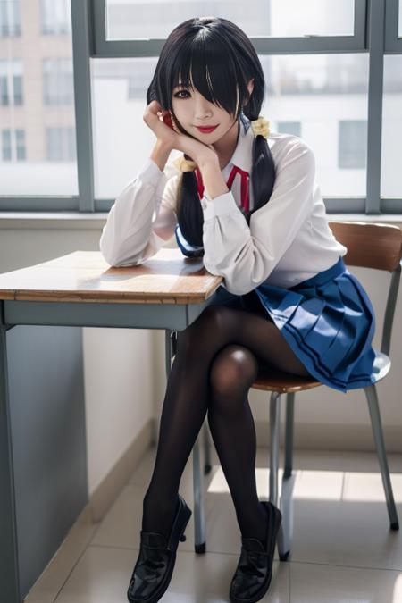 best quality, masterpiece, real,realistic, photo,photorealistic,cowboy shot, 
1girl, tokisaki kurumi, jkxf,
solo, pantyhose, black hair, long hair, blue skirt, sitting, black footwear, twintails, shirt, hair over one eye, white shirt, table, school uniform, shoes, red ribbon, long sleeves, ribbon, indoors, neck ribbon, looking at viewer,loafers, brown pantyhose, pleated skirt, closed mouth, blurry background, blurry, collared shirt, bangs, low twintails, black pantyhose, brown eyes, red eyes, smile, lips, chair, crossed legs, head rest, shirt tucked in, very long hair,
<lora:tokisaki kurumi jkxf_v1_07:0.7>