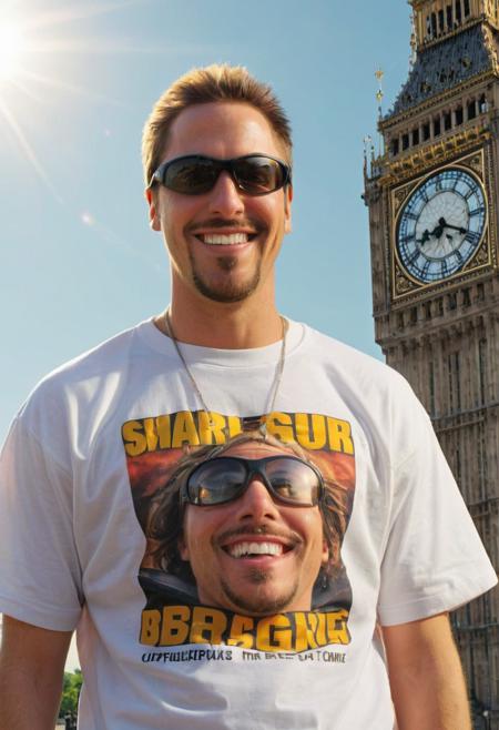 picture of a man EPAliGXL wearing an oversized tshirt, sunglasses, big ben, elisabeth tower, upperbody portrait, smile, sun, sky