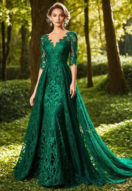 Envision a woman adorned in a mesmerizing emerald green lace dress, its exquisite patterns resembling an enchanted forest. The dress elegantly drapes her figure, while light dances through the lace creating a captivating display of shadows. The vibrant hue highlights her natural beauty, exuding an air of sophistication and allure. Every step she takes brings to life the delicate fabric, as if it were leaves rustling gently in the breeze. This stunning combination of color, texture, and movement creates a truly mesmerizing image that emanates grace and charm.