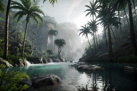 unreal engine 5 render,jungle,river,(flowers:0.2),extremely detailed,stream,(waterfall:0.1),(shrouded in mist:0.4),