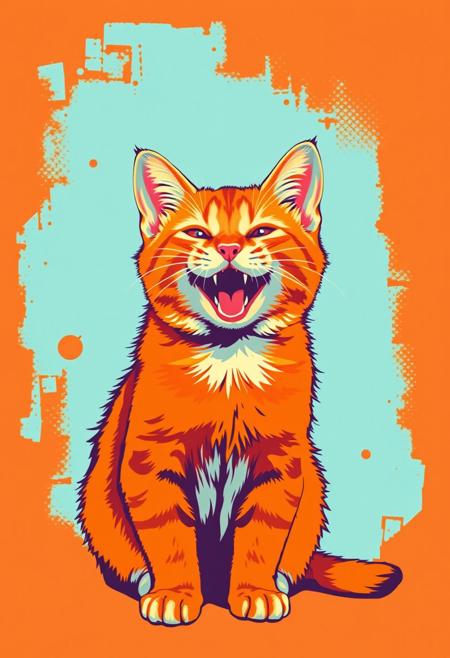 A pop art image of the happiest little orange cat you've ever seen in the style of Andy Warhol
