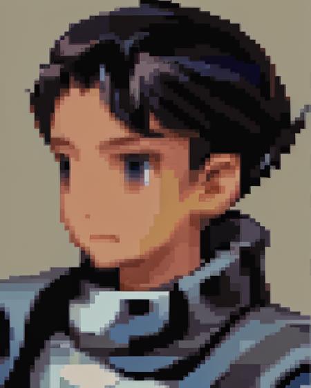 <lora:Final Fantasy Tactics Portraits V1:0.95> final_fantasy_tactics_portrait, pale orange background, no_nose, portrait, 1boy, young, black hair, brown eyes, blue armor, white clothes, hero