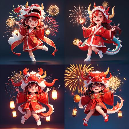 dragon,1girl,blush,cute,happy,dragon horns,red fleece robe,parted lips,red long hair,full body,cropped shoulder,white fluffy socks,laughing,lantern,jumping,firework background,<lora:æ°æ¥å°é¾:0.6>,, masterpiece,best quality,ultra-detailed,