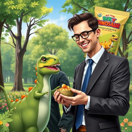 Create a bright and funny promotional illustration for dinosaur food that should look like a real photo. The painting depicts a man in a stylish business suit smiling as he feeds a small dinosaur the size of a cat. The dinosaur looks friendly and playful, with bright colors and cute facial features. Around them is a green park with trees and flowers, creating an atmosphere of joy and comfort. In the background, you can add a package of dinosaur food with a bright logo and slogan, emphasizing that this food is an ideal choice for small dinosaurs. It is important that all the elements of the image look realistic, as if it were a real photograph."