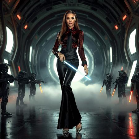 slender arrogant cold femme fatal lady wearing rich luxurious black glossy satin trouser suite, small size opulent glossy high heels, wine red  shirt, black silk tie, jewels, elegant small light saber, posing  standing, giant portal to outer space, fog from the floor, empire spaceship hangar, surrounded by halo odst troopers, fashion look, hollywood, vogue makeup, porcelain skin, long haired, ultrathin waisym reminiscent of H.R. Giger, Zdzisław Beksinski, and Ash Thorp's dark, sleek styles, with close-up glamour photography, glossy satin and silver heels glistening, fleshy slime dripping, and dark shadows.
