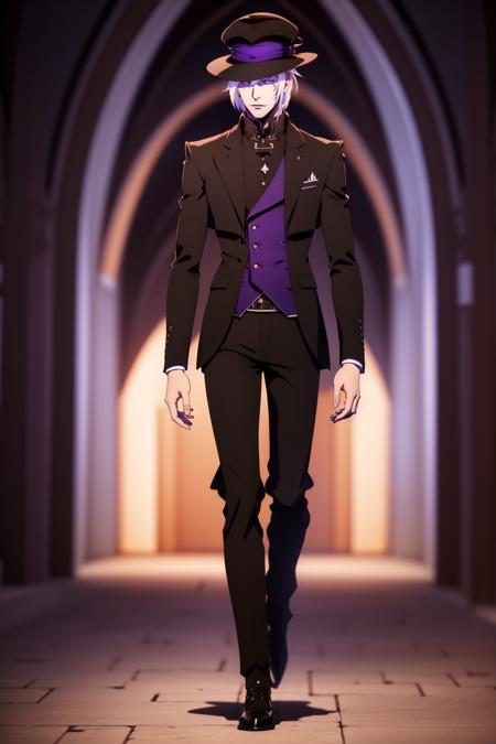 <lora:ANIME_ShingekiNoBahamut_Azazel_v01:0.8>, azazel \(shingeki no bahamut\), hat, suit, stylish, full body, 1boy, demon, white hair, purple eyes, mature male, 64K, f1.2, 800mm, UHD, dynamic lighting