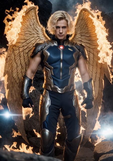 1male, face handsome, angel, photo of sixbionix person, costume armor, body male, red, blue, blonde long, wing golden in fire,  in building, rock, storm, realistic, 8k, HD, smoke