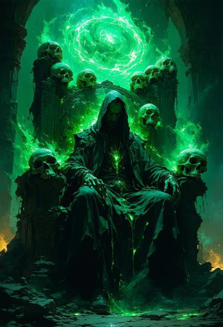 Low angle, Sukuna Ryomen looms atop a jagged throne of polished ivory skulls, their hollow eyes exhaling swirling ash. His four sinewy arms, etched with serpentine kuji-in seals in jade-green phosphorescence, claw at the air, casting elongated shadows. A palette of crimson-ochre and void-black cloaks his cracked obsidian skin, illuminated by chiaroscuro lighting that carves his fanged grin. Tendrils of cursed energy writhe from his torso. Shadows coalesce into glyphs where his gaze falls.