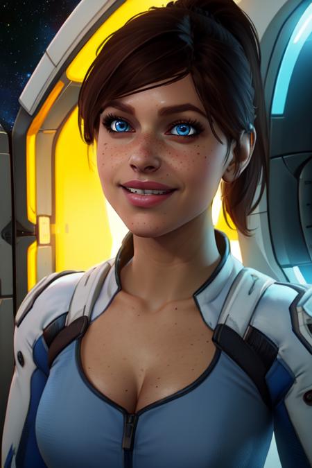 Sara,solo,brown hair,blue eyes,lips,freckles,short hair,ponytail, upper body, awkward smile,  teeth, 
Ryder, white and blue casual wear, cleavage, 
space pod, neon lights, (insanely detailed, beautiful detailed face, masterpiece, best quality) <lora:SaraRyder:0.8>