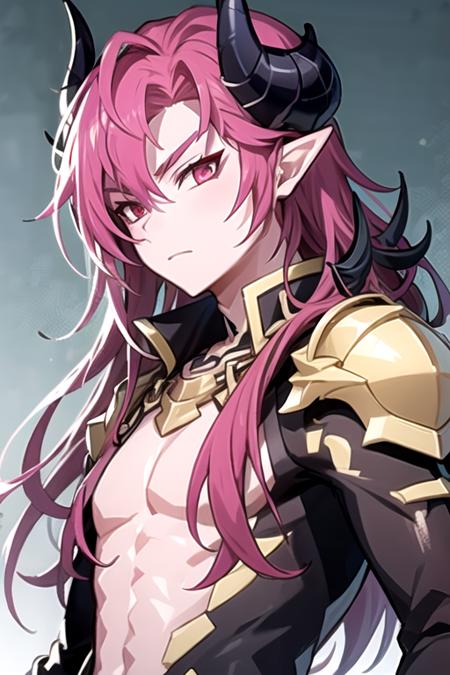 <lora:DioBurningCanyon-08:0.7> ,diogc, solo, long hair, looking at viewer, 1boy, closed mouth, upper body, pink hair, male focus, red hair, pointy ears, pink eyes, armor, pectorals, slit pupils, bare pectorals, demon boy