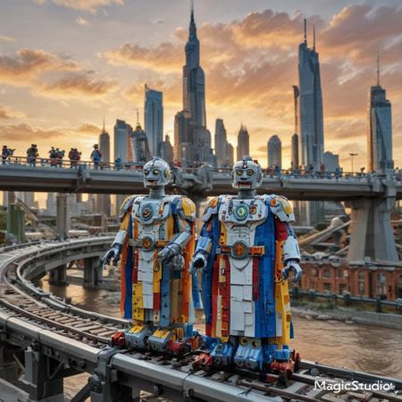 2 LEGO robots  in a LEGO monorail station . they are in LEGO robes that are worn. the are looking out over the LEGO city. LEGO Monorail track. 
hive LEGO city made out of LEGO gears is in the background and is made up LEGO tall buildings and LEGO towers. The sky is sunset and there are  clouds in the distance a river run through it flooding the city. extremely detailed, moody
 <lora:Hive-City:1>