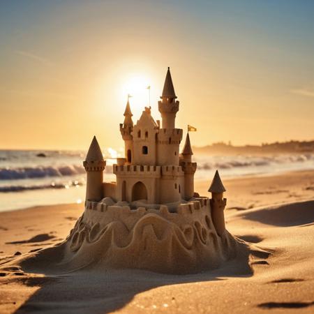 digital art, 
professional photo: a small handmade sand castle stands on the seashore, 
waves wash it away, 
dawn. the sun's rays play, 
fall on the castle, 
play of light and shadow, 
splashes, 
sun glare, 
close-up, 
hyperrealistic, 
HDR