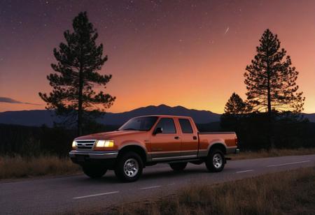 pick up truck, motor vehicle, no humans, tree, sky, outdoors, star \(sky\), road, scenery, night, vehicle focus, sunset, starry sky, orange sky, night sky, star \(symbol\), evening, gradient sky, twilight, nature, pine tree, forest, dusk, bush, mountain, cloud, grass, mountainous horizon, shadow, red sky, plant, (1996 Ford Explorer)