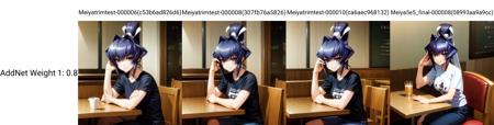 solo, Mitsurugi Meiya, blue eyes, blue hair, high ponytail, sitting at a restaurant, smile, t-shirt