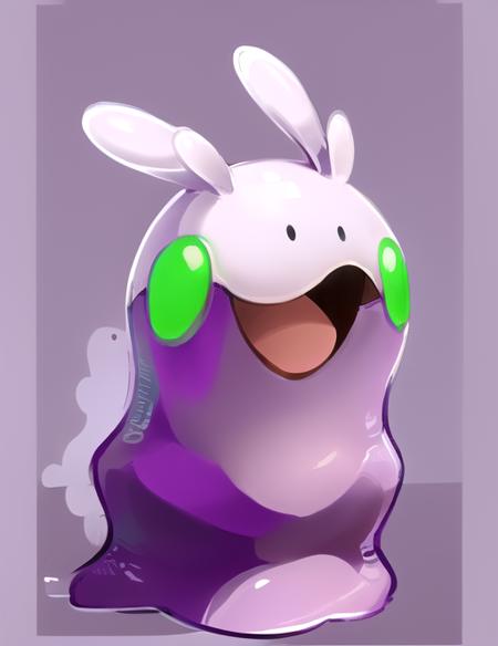 goomy, solo, open mouth, tongue, >_o, standing, facing viewer, looking away, purple background, white border