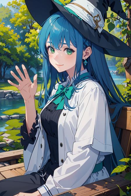 isabellaNorn,1girl,solo,((blue_hair)),long_hair,((green_eyes))blush,smile,happy,<lora:isabellaNornV2-000008:.6:OUTD>,jewelry, earring,outdoors,sitting in tree, witch, witch_outfit, medium_breasts,upper_body, looking at viewer, waving