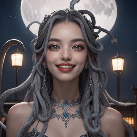 middle shot, outside, an exquisitely beautiful Medusa in intricate design precious dress, ([airy gleaming snake hair|stone grey color hair]), slim face, clear glowing eyes, long nose, evil grin, fangs, moon light, (OverallDetail:0.23), <lora:gorgon:0.75>