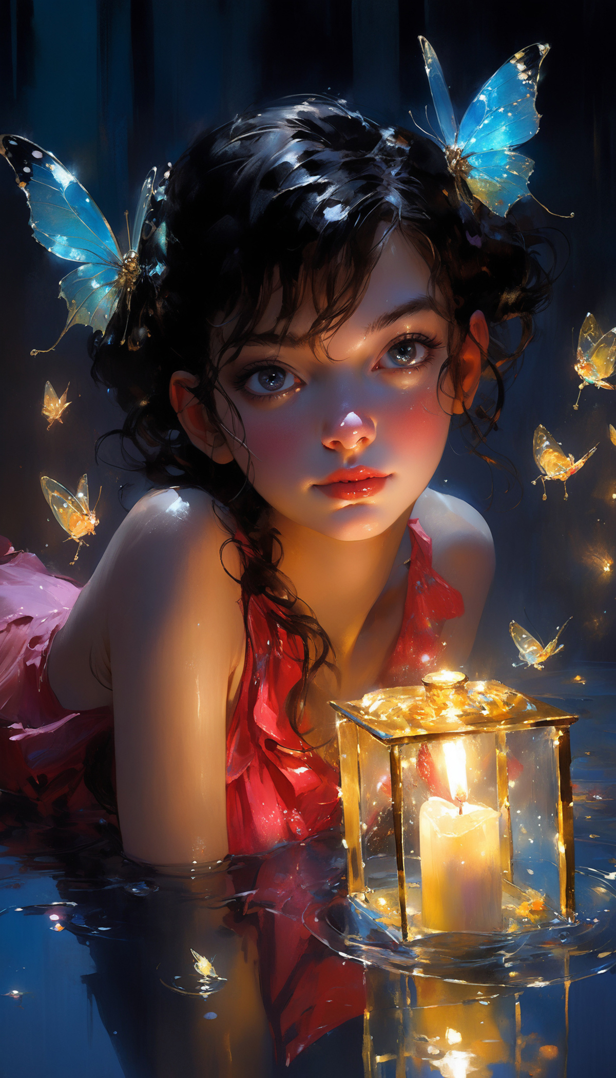 A painting of a young girl with blue eyes and pink lips, dressed in a pink dress, holding a candle and surrounded by butterflies.