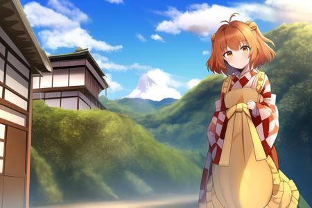 masterpiece, best quality, <lora:kosuzu:0.8>,motoori kosuzu, touhou, orange hair,short hair,twin braids, bell headdress,red and white kimono,yellow apron,green long skirt,standing,village,street,japanese village,blue sky,clear sky,sunny,cloud,mountain,flat chest,