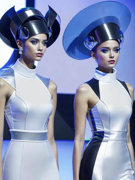 <lora:Avant-gardeFashion:1>two models are dressed in futuristic clothing and headdresses for a fashion show Avant-garde Fashion