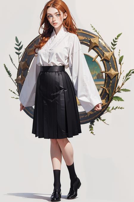 m1ngstyl3d, skirt, long sleeves, standing, white shirt, black skirt, sleeves past wrists,