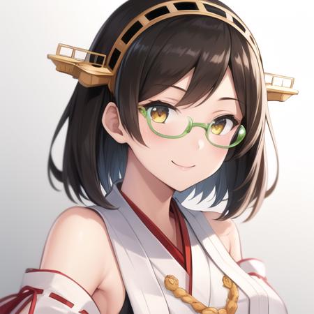 (masterpiece, best quality:1.2),illustration,8k,hd,1girl,solo,upper body,(portrait:1.2),kirishima (kancolle),short hair,skirt,black hair,glasses,ribbon-trimmed sleeves,detached sleeves,ribbon trim,green-framed eyewear,yellow eyes,smile,hair ornament,thighhighs,headgear,black skirt,japanese clothes,hairband,nontraditional miko,breasts,pleated skirt,wide sleeves,<lora:Kirishima(kan)>,