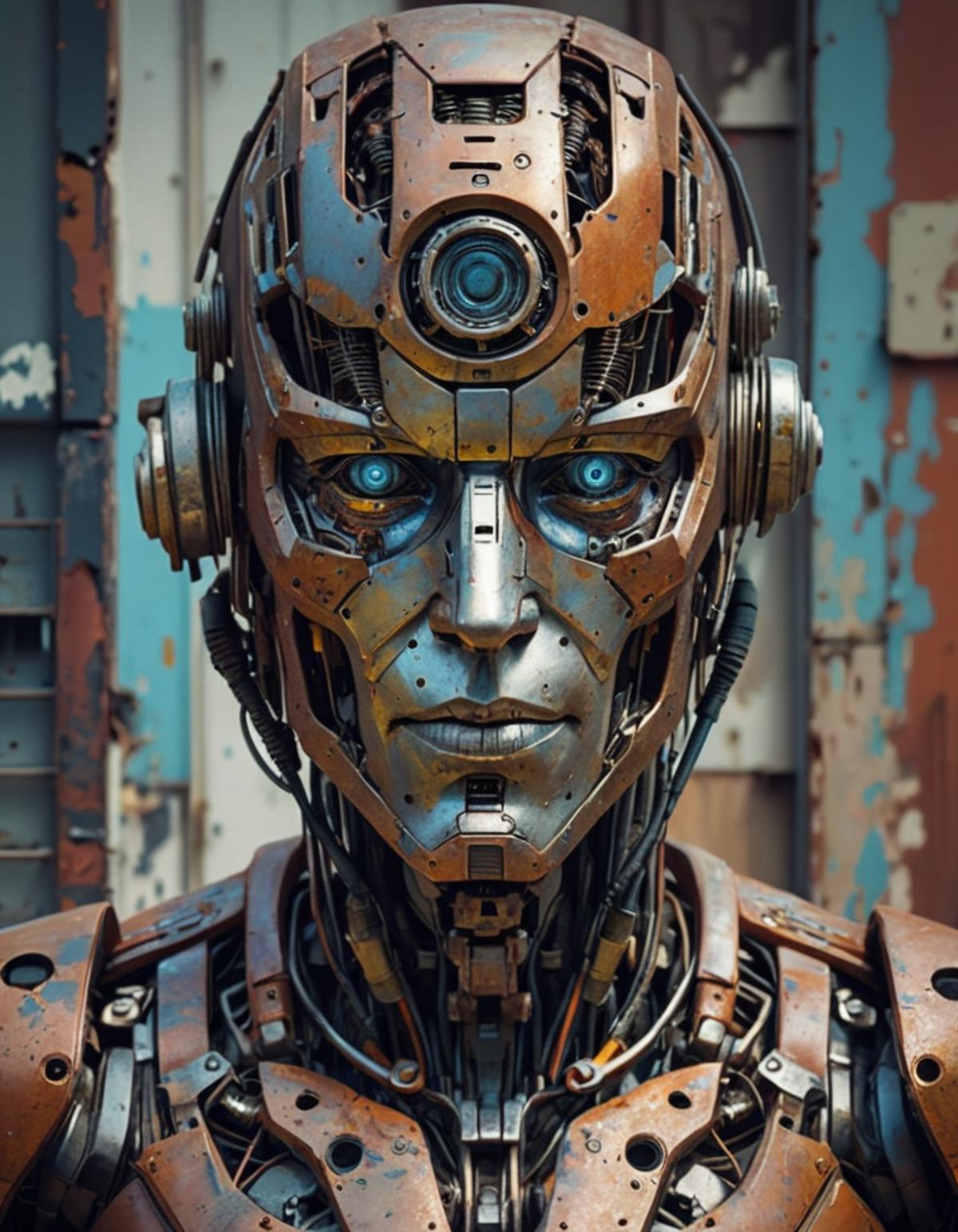 A robot with blue eyes and a metal face.