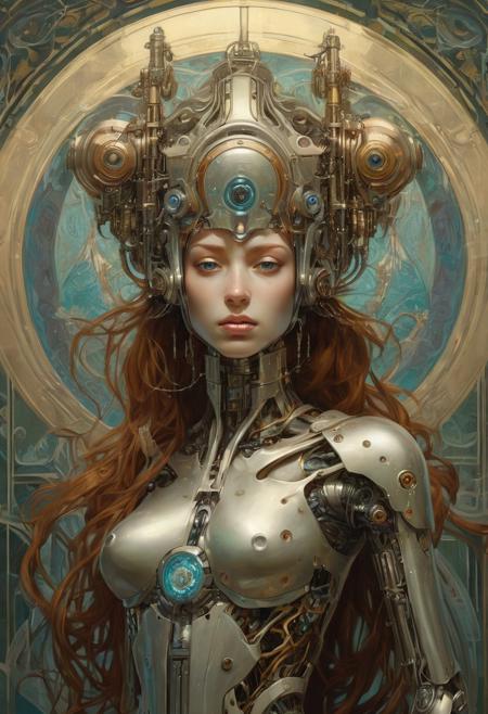Cyborg android, fantasy, pre-raphaelite style, sinozick, Alphonse Mucha, Agostino Arrivabene, Peter Mohrbacher