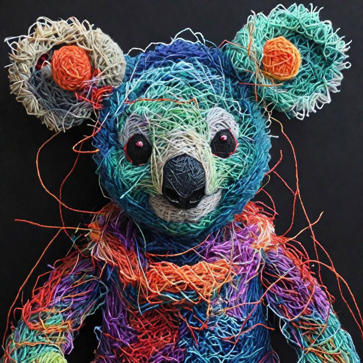 A colorful teddy bear made of yarn and string.