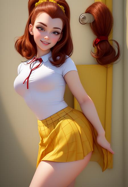 (masterpiece:1.4), (best quality:1.4), (high resolution:1.4), cartoon style, LuanLoud <lora:LuanLoud:1>, smile, brown hair, pale skin, cowboy shot, white shirt, yellow mini skirt, looking at viewer, detailed face, detailed eyes, small breasts, curvy, ribbon, ponytail, buckteet, artstation female body, from the front, dynamic pose, solo, 1girl, <lora:add_detail:0.7>