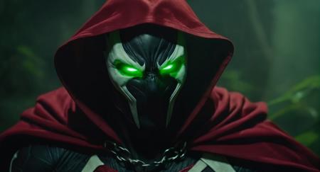 Dark Moody Atmosphere, (Cinematic Film stock footage style) in (arri alexa style) (Kodak film print style),
 <lora:Spawn:1>
Spawn a demonic creature with green eyes and a red cape in a living symbiotic costume, dramatic, mysterious, dark moody atmosphere