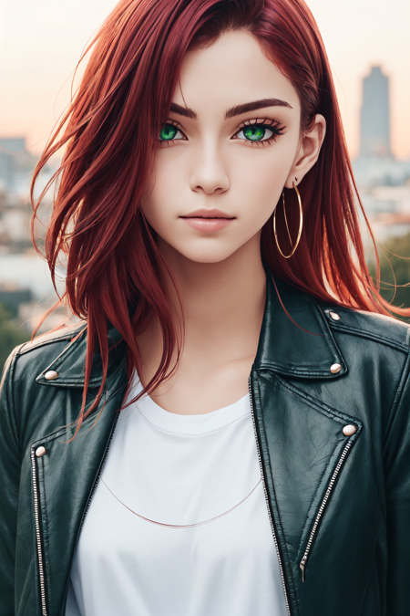 (masterpiece, best quality, ultra-detailed, highres),1girl, solo, ((pale skin)), ((red hair)), ((green eyes)), blue tshirt, leather jacket, open jacket, silver earrings, long_hair, depth_of_field, very detailed background, extreme light and shadow,(detailed eyes), (detailed skin), lustrous skin,(bloom), (shine), (detailed fabric), (beautiful) beautiful detailed eyes, city background, (emo punk style), lens flare, summer:1.2, perfect lighting , perfect anatomy, upper body, dynamic angle, pov