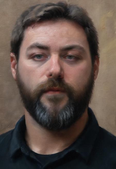 <lora:XL_sargon_v1:1>, <lora:XL_Oil_Paint_ClassipeintXL1.9:1>, ((oil painting)),k 1boy, male focus, solo, facial hair, beard, brown hair, shirt, mustache, black shirt, realistic, looking at viewer, upper body,