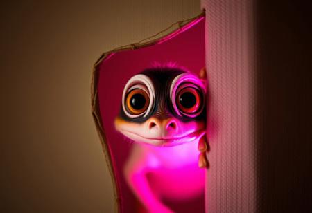 A whimsical creature with large, curious eyes peeks into the right side of a vertical canvas, its gaze piercing through the frame and directly into the viewer. The frame appears to warp slightly, as if bending to accommodate the creature's playful presence. A vibrant glow emanates from within, casting an otherworldly light on the scene.
