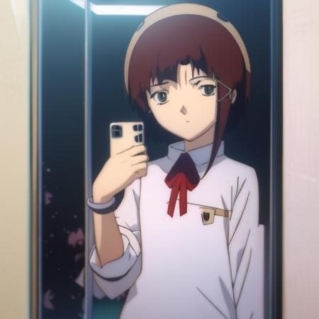 turn man into anime girl holding a phone mirror selfie <lora:lain anime style-000001:1> lain anime style