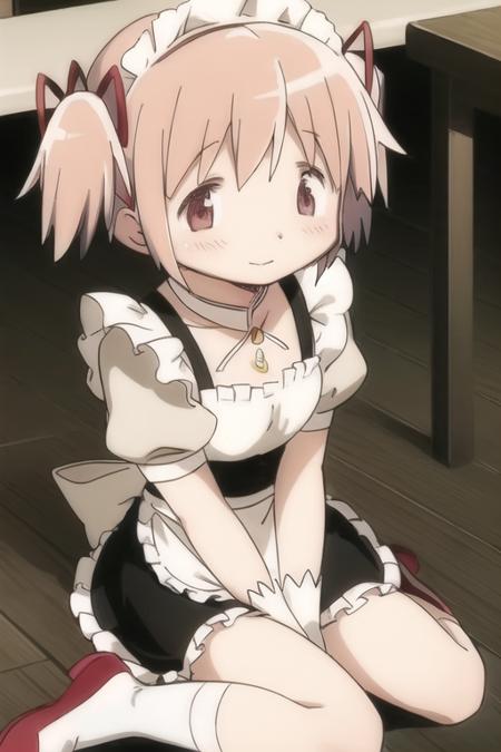 kaname_madoka, maid, skirt, socks, white_apron , white shirt, white sleeves , short hair