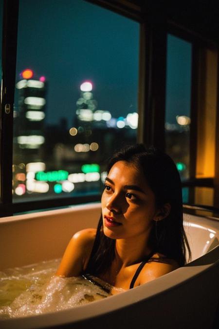 In a low-key style with the grainy texture of expired film, the photo offers a close-up view from above of a photo-realistic close-up medium shot of a beautiful girl's figure laying down in a bathtub, depicted in full body. One hand is reaching down out of the bathtub, holding a wine bottle. The attention to detail captures every nuance of the subject's features and attire, creating a lifelike representation that almost breathes with realism. Against the backdrop of vibrant, full-color, saturated neon city lights visible through the big windows, the scene comes alive with a plethora of hues and tones, infusing warmth and urban energy. The subject's expression exudes a sense of calm amidst the bustling cityscape. Bathed in the dim neon-colored light from the blacked-out large windows showcasing the city's glowing neon signs, the scene is a captivating mix of dramatic shadows, heightened by a subtle rim light tracing along her silhouette, and accentuated by a soft hair light adding dimension and allure to her hair strands.