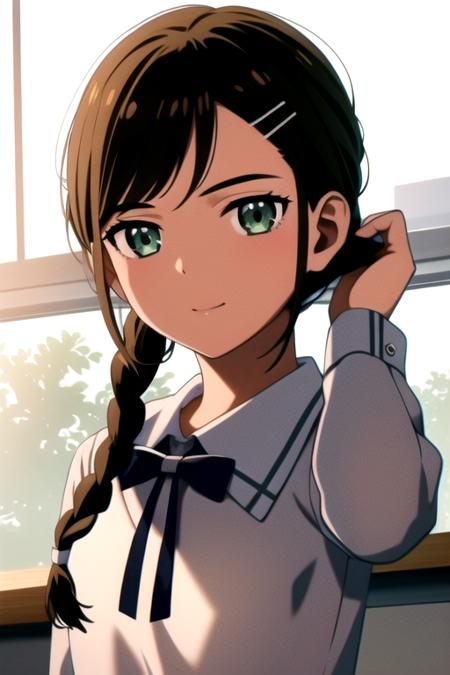 masterpiece, highres, 1girl, upperbody,  <lora:NeiruAonumaR4:0.7>,NeiruAonumaR4,dark skin, green eyes, braid,school uniform