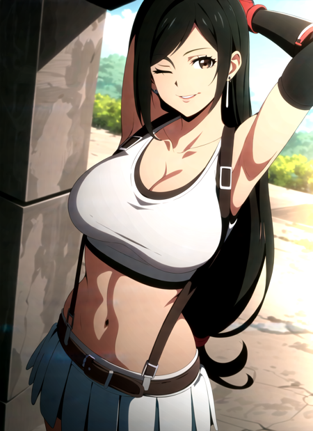 promisedNeverland <lora:promisedNeverland_offset:1>, tifa lockhart, 1girl, thick lips, arm up, armpits, artist name, belt, black hair, breasts, brown eyes, cleavage, closed mouth, collarbone, cowboy shot, crop top, earrings, elbow gloves, elbow pads, gloves, jewelry, large breasts, lips, long hair, low-tied long hair, midriff, navel, one eye closed, outdoors, skirt, smile, solo, stomach, suspenders, tank top, upper body, ((masterpiece)) <lora:tifa_lockhart_offset:0.7>