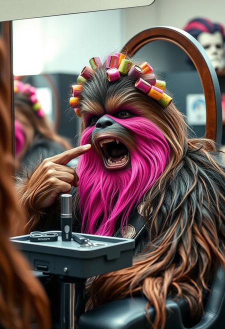 chewbacca sitting in a barber shop,the whole face let appear a pink flashy color,on his hairs,some multicolors curlers are rolled on his hairs,chewbacca shouting with mouth open in front of the mirror,pointing his own face with one finger,he look very surprised,shavers and scissors standings on a small tablet under the mirror ,some hair felt down around the barber chair,inside a barbershop background,day light