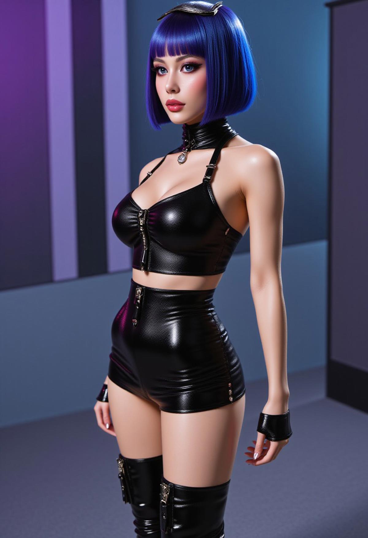 (photorealistic:1.2), Photo, (woman), (photography:1.7)
alluring Woman, blue hair with purple highlights, bobcut, grey eyes, standing, cyberpunk platform shoes, cyberpunk ambient, cyberpunk outfit
Extremely detailed, Best quality, realistic, photography, 32K, Fetish Shoes, AliWeird, long legs,
Extremely High Heels, Very High Shoes, extremely short skirt, microskirt