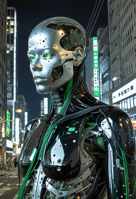Blame! by Tsutomu Nihei see through cyborg, city background in night, black oil splatter, black plated cables everywhere, translucent glass head, chips and electronics, in background, black oil splatter, green everywhere, symbiotic everywhere, insects everywhere titanium everywhere, electric everywhere, city background, easynegative, ng_deepnegative_v1_75t