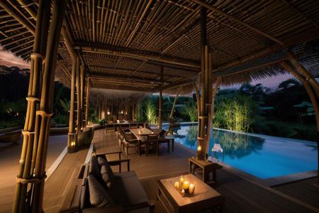 view from under a large canopy made of bamboo structure ,(evening time),dusk,exterior design