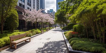 <lora:JJsLandscapeDesign_V2:.5>,masterpiece, best quality,Landscape, scenery, outdoors, building, tree, sky, real world location,  grass, bush, flower, city, water, lawn, sidewalk, ivy, bench,sakura, dawn, rain,pond,day,
RAW photo, subject, 8k uhd, dslr, soft lighting, high quality, film grain, Fujifilm XT3